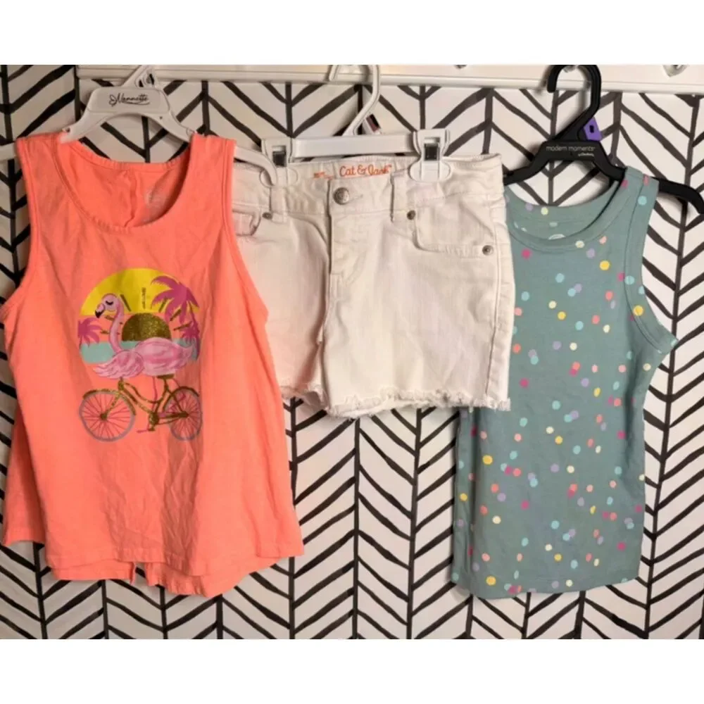 Cat & Jack &Wonder Nation 3Pc Tanks & White Denim Shorts Bundle Girls M 7-8 5064